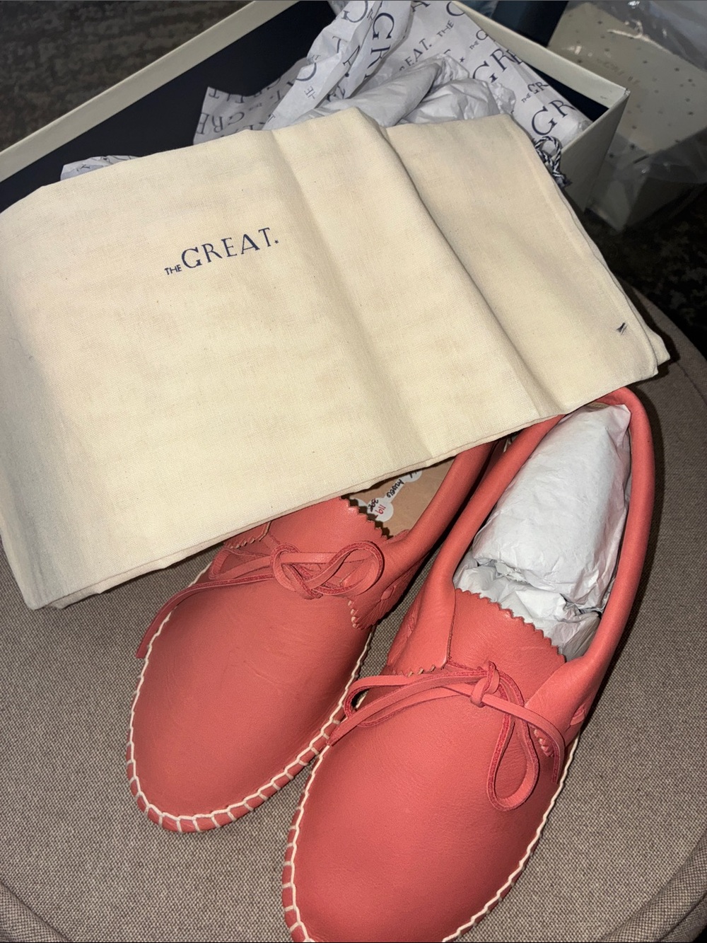 THE GREAT. Coral Leather Lace-Top Moccasin Loafers